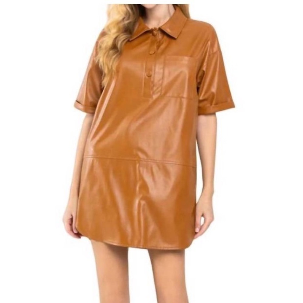 TCEC Faux Leather Polo Dress Women Camel Brown Short Sleeve Mini Shift Dress M
